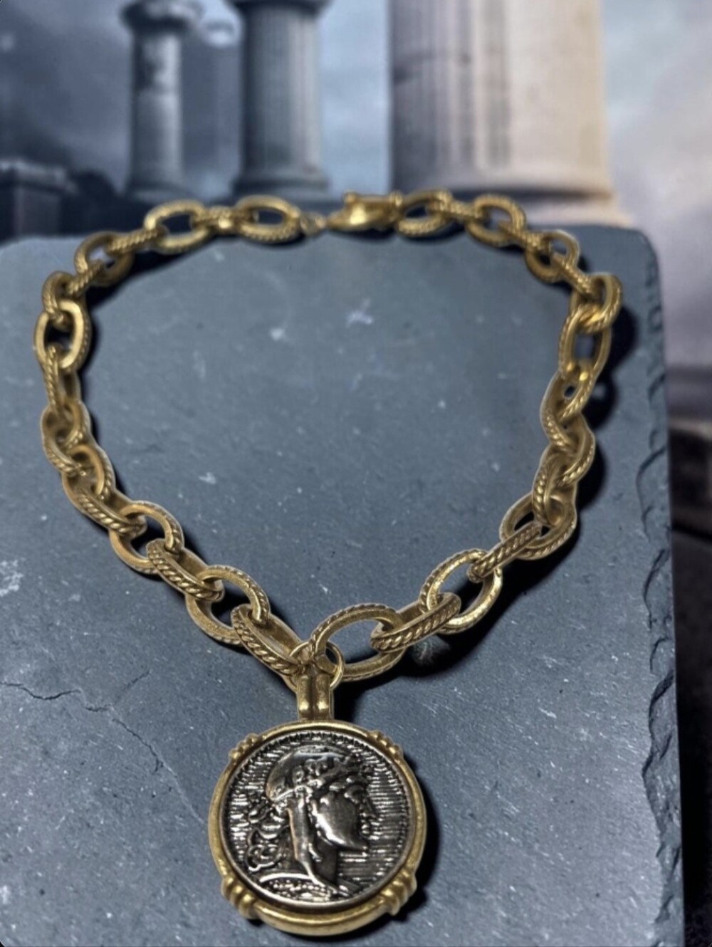 Antique Matte Gold Plated Chunky Ancient Roman Coin Twisted Rope Toggle Necklace